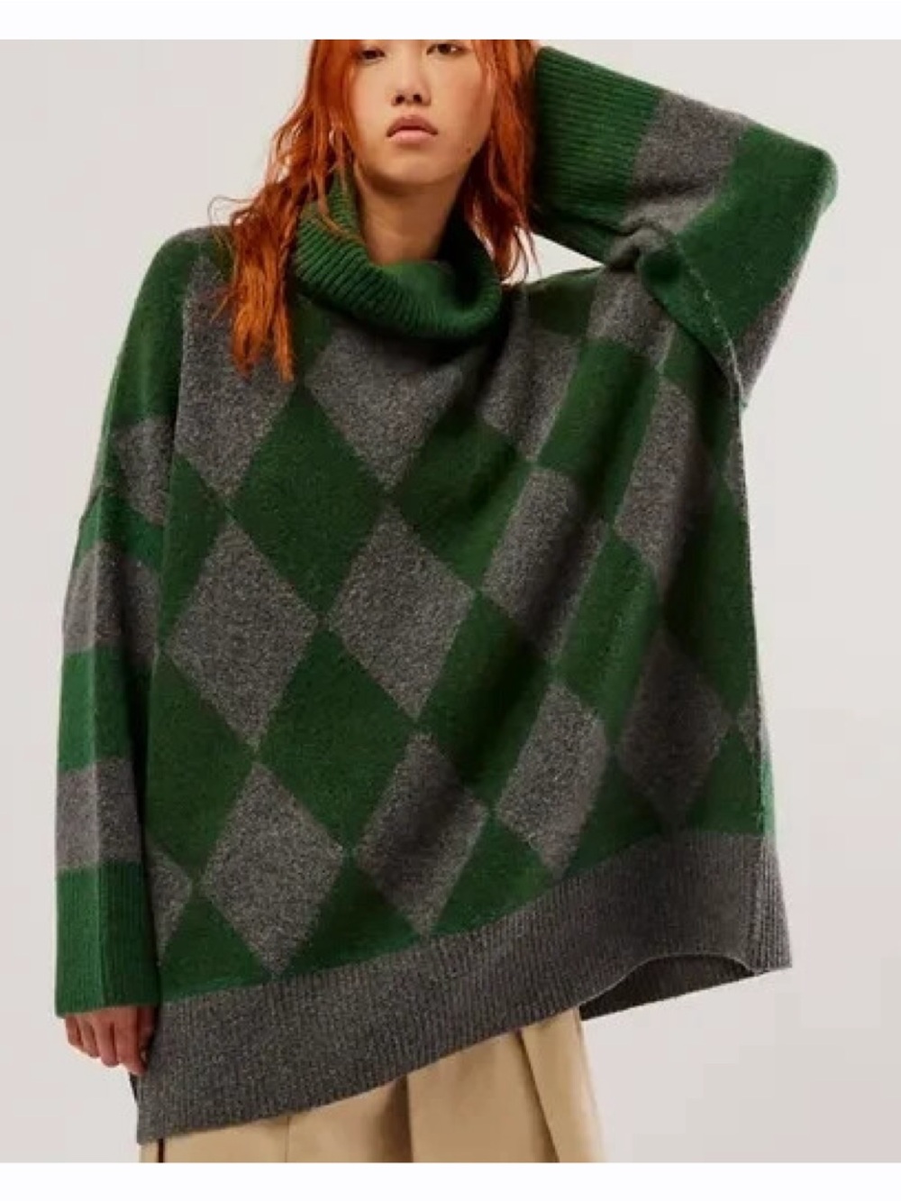 Free People Harley Oversized Argyle Cowl Neck Sweater Green Gray Women’s M